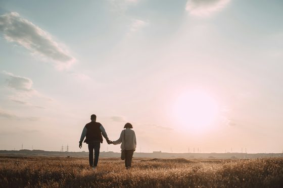 A couple walking hand in hand through a sunlit field